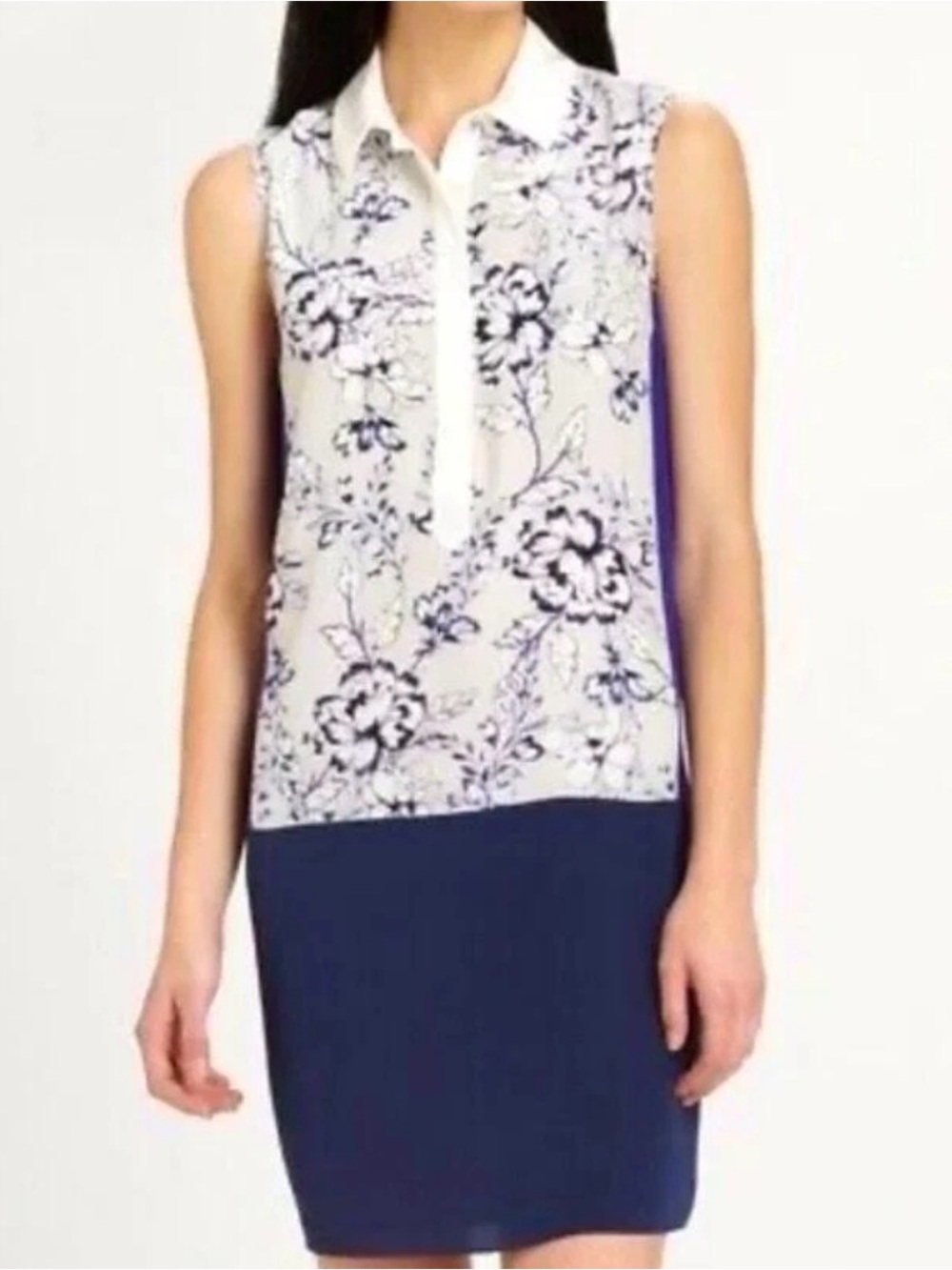 Rebecca Taylor Floral Silk Dress Size 4 Shift Sleeveless Blue White